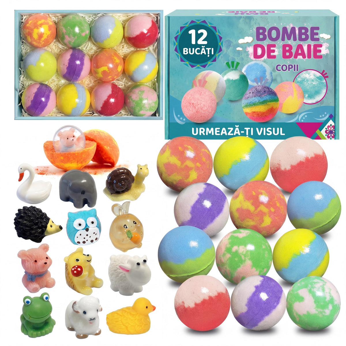 MagicBath Surprise™ – Set 12 Bombe Efervescente de Baie pentru Copii cu Jucării Surpriză