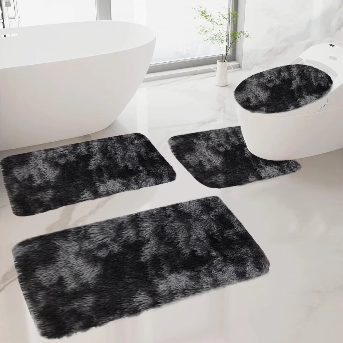 Set 4 Covorașe de Baie Antiderapante, material pufos, Negru