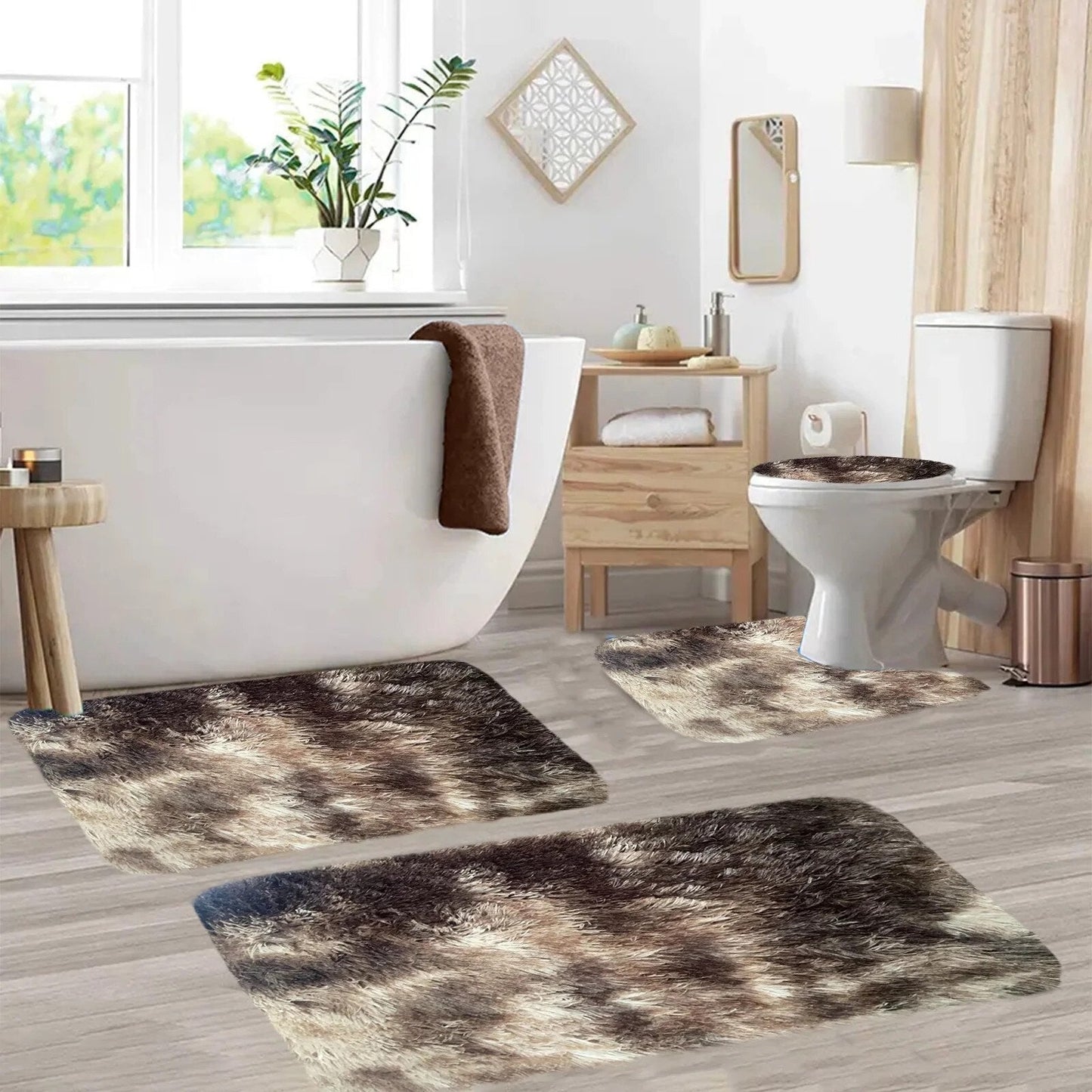 Set 4 Covorașe de Baie Antiderapante, material pufos, Maro