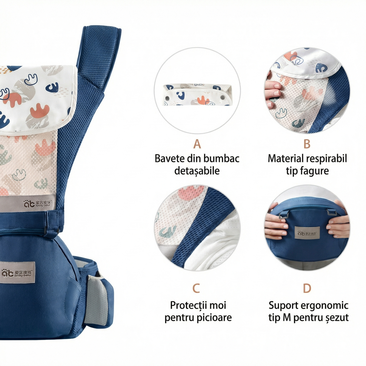 Marsupiu Ergonomic pentru Bebeluși cu Scaun pe Șold, din Bumbac 100%, Respirabil și Ușor, pentru 0–36 luni, Certificat Conform Standardelor de Siguranță, Purtare în mai Multe Poziții, Susține până la 30 kg