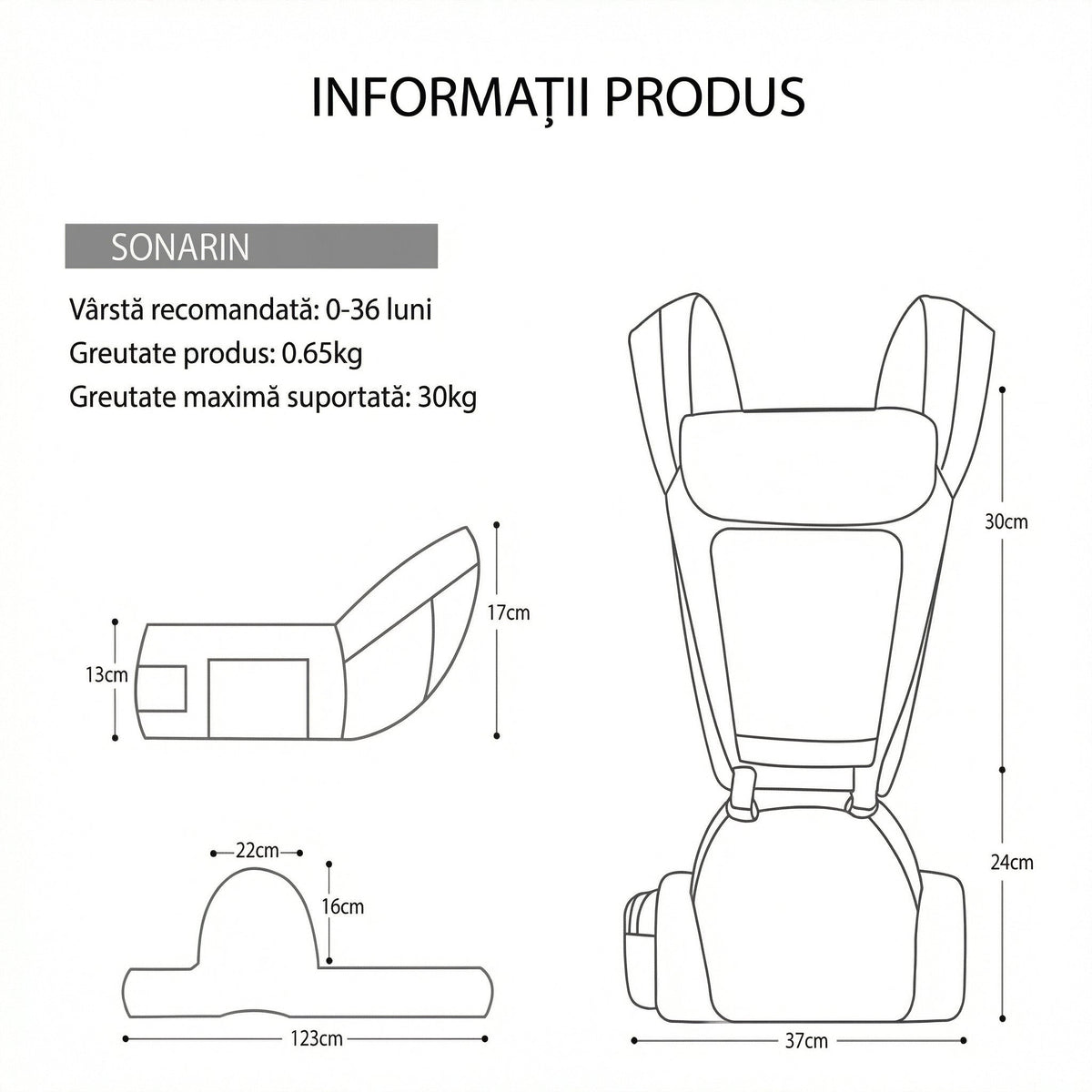 Marsupiu Ergonomic pentru Bebeluși cu Scaun pe Șold, din Bumbac 100%, Respirabil și Ușor, pentru 0–36 luni, Certificat Conform Standardelor de Siguranță, Purtare în mai Multe Poziții, Susține până la 30 kg