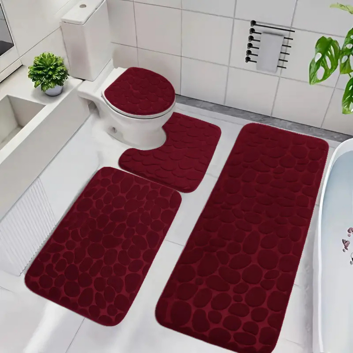 Set 4 Covorașe de Baie Antiderapante, Roșu