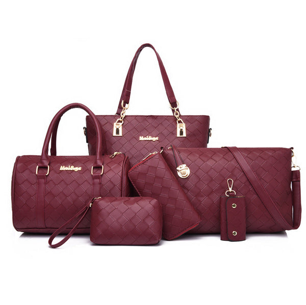 Set 6 Genti din Piele Ecologica, Model Impletit, Visiniu