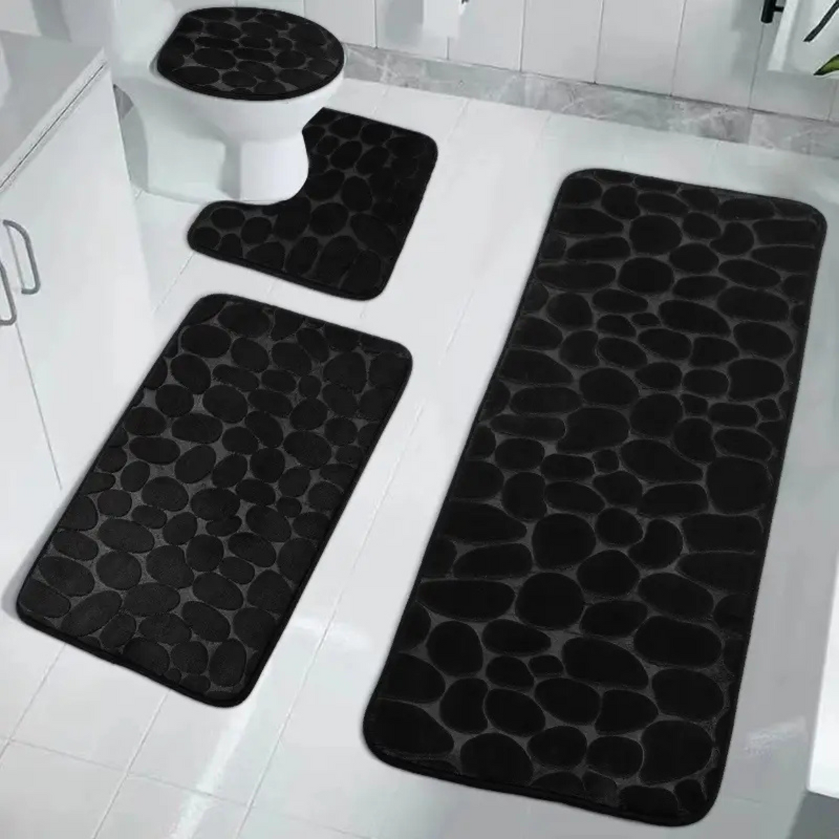 Set 4 Covorașe de Baie Antiderapante, Negru