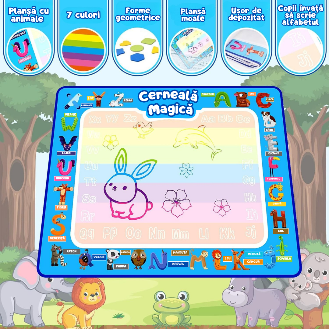 Covoraș Magic™ – Set pentru Desen Fără Murdărie cu Apă + 7 Markere Cadou