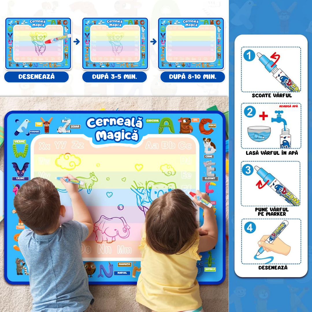 Covoraș Magic™ – Set pentru Desen Fără Murdărie cu Apă + 7 Markere Cadou