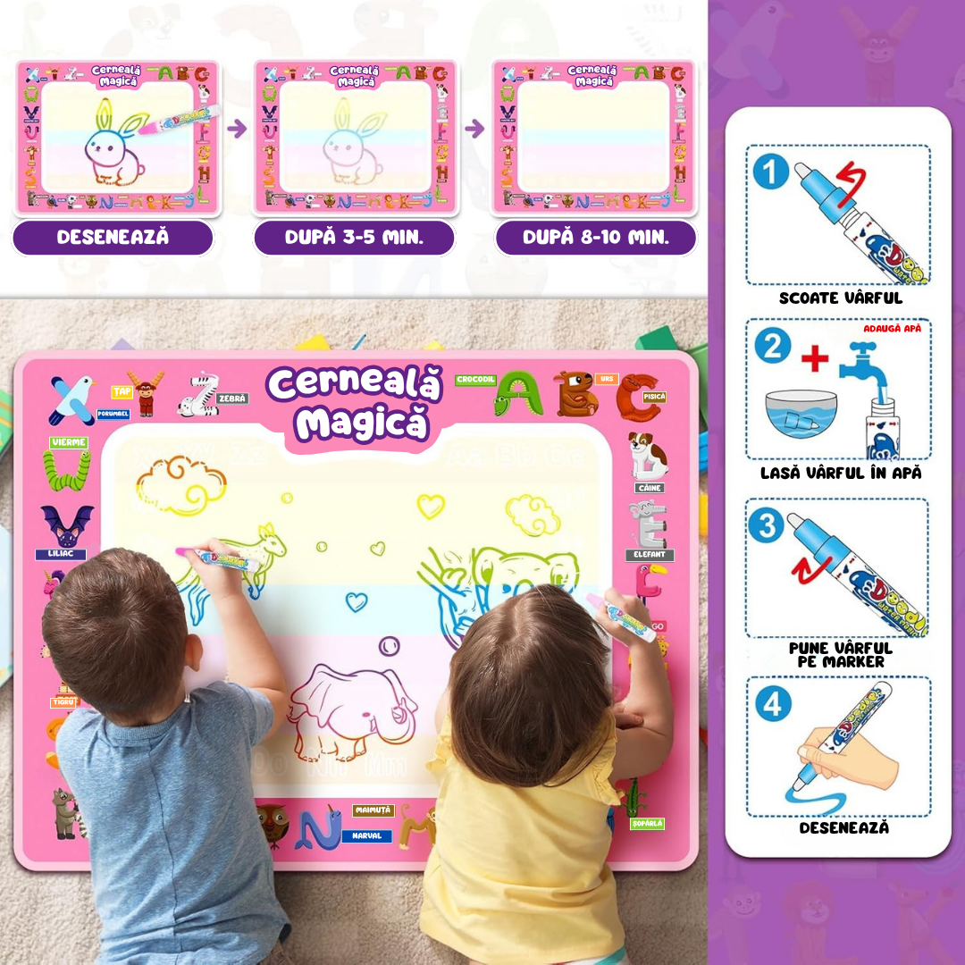 Covoraș Magic™ – Set pentru Desen Fără Murdărie cu Apă + 3 Markere Cadou