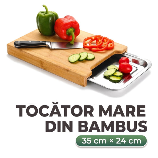 Tocător din bambus cu tavă din inox
