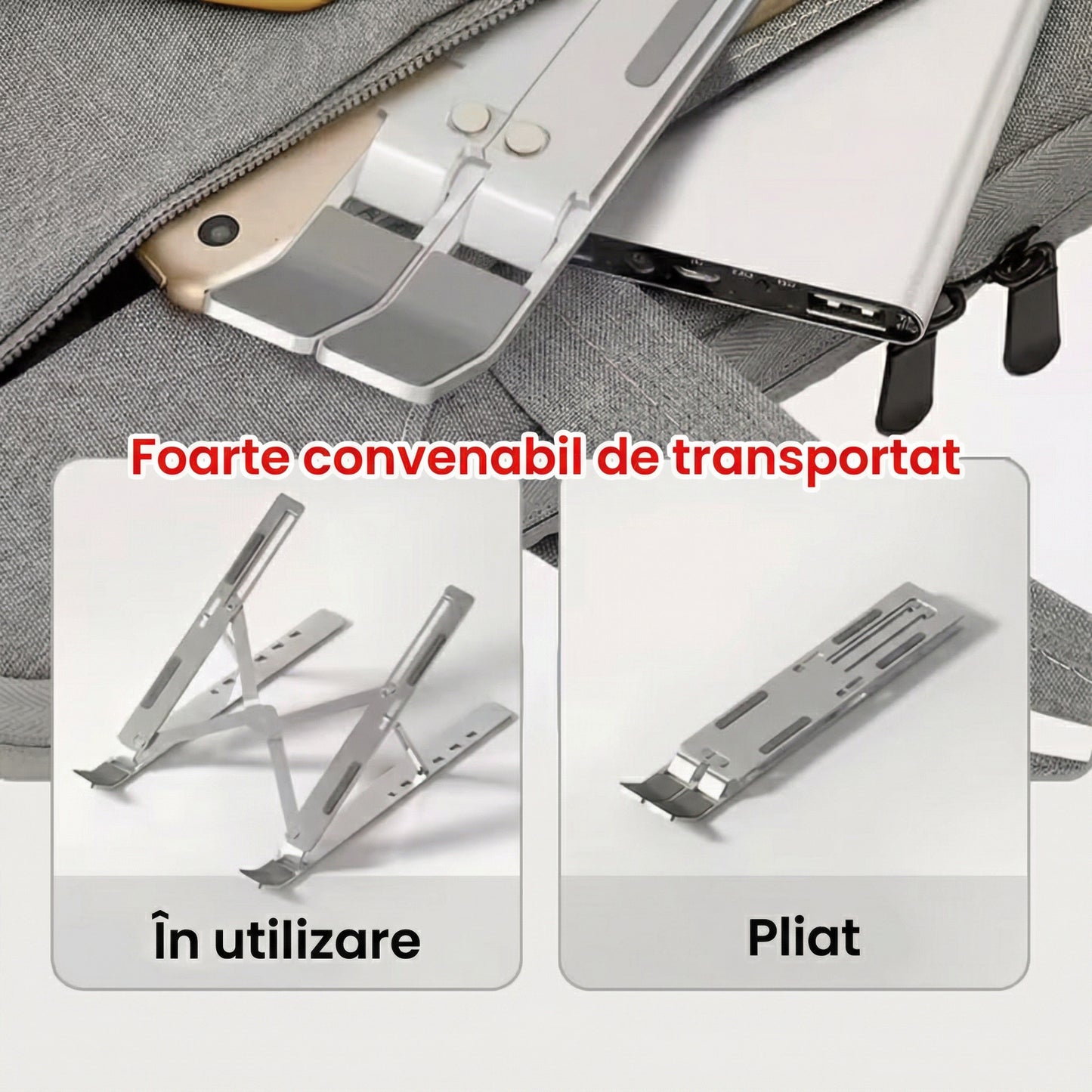Suport Portabil pentru Laptop de Aluminiu cu Bază de Răcire Pliabilă și Ajustabilă