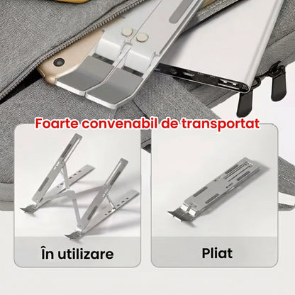 Suport Portabil pentru Laptop de Aluminiu cu Bază de Răcire Pliabilă și Ajustabilă