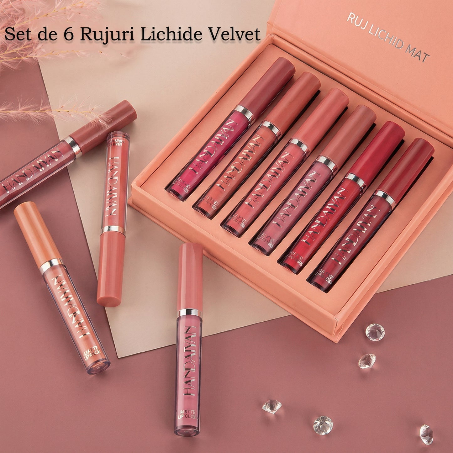 Set de 6 Bucăți Ruj Lichid Mat - Rezistent la Apă, de Lungă Durată, Acoperire Completă, fără Lipici, cu 6 Nuanțe
