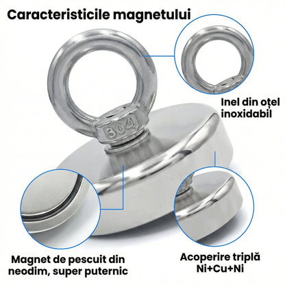 Magnet Super Puternic pentru Pescuit și Recuperare Obiecte, cu Orificiu Îngropat și Inel de Prindere