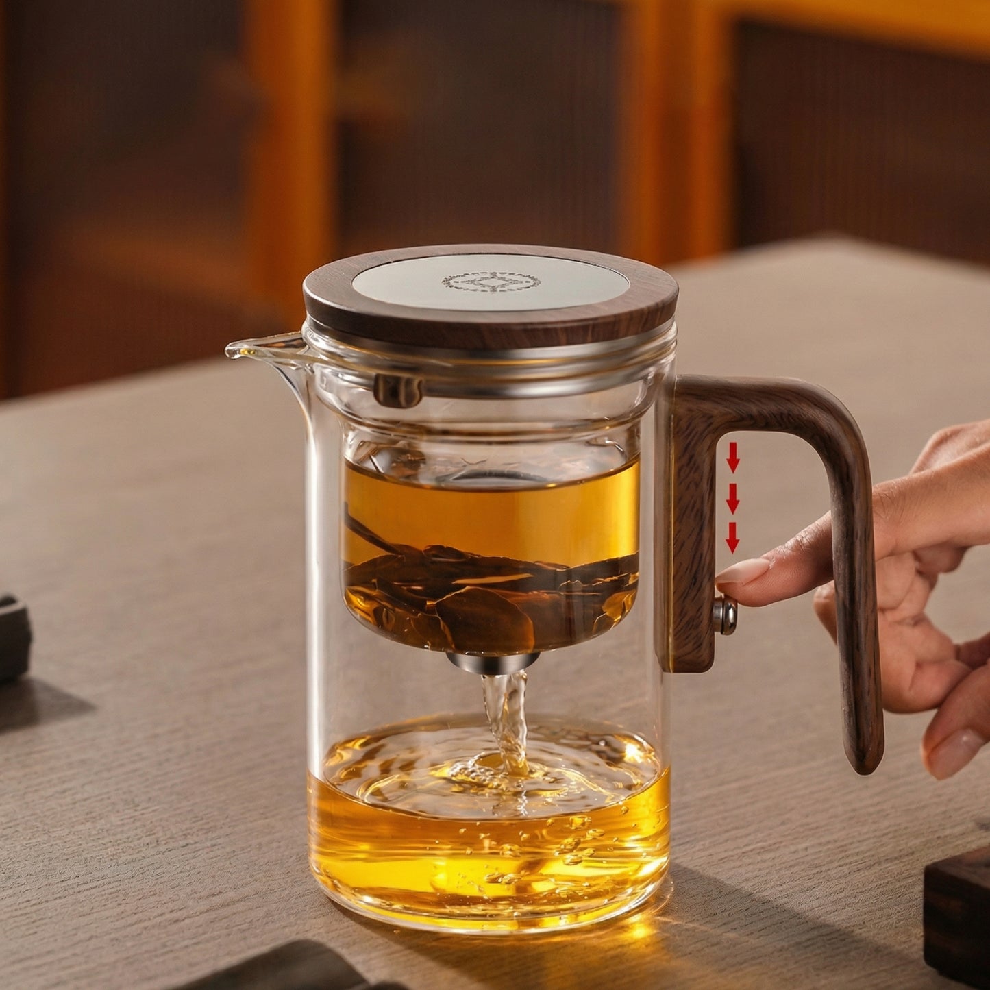 Pahar 2 în 1 — Pahar și Ceainic 600 ml din Sticlă cu Mâner de Lemn