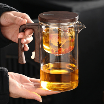 Pahar 2 în 1 — Pahar și Ceainic 600 ml din Sticlă cu Mâner de Lemn