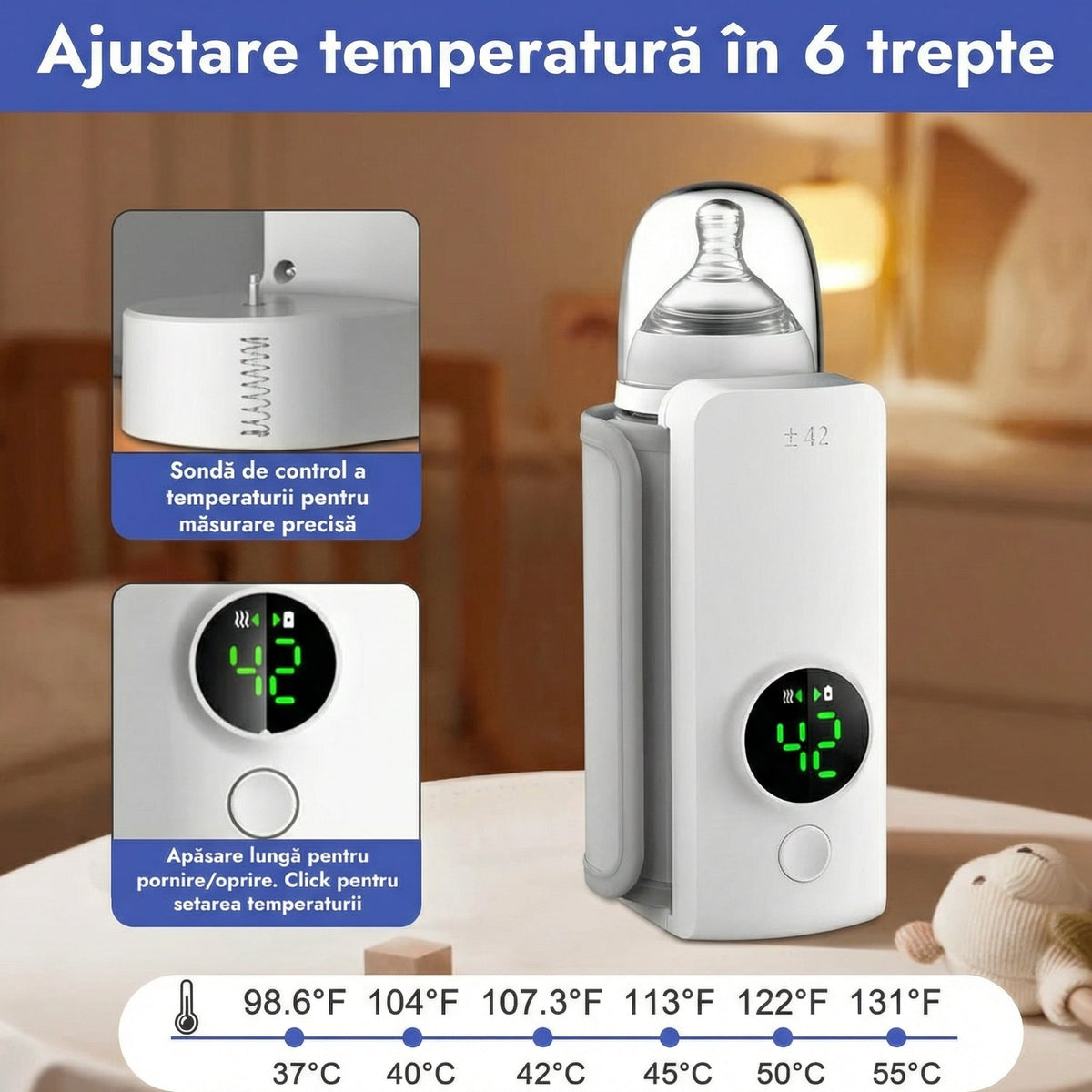 Încălzitor Portabil pentru Biberoane Termostat cu 6 Niveluri de Temperatură Compatibil Universal