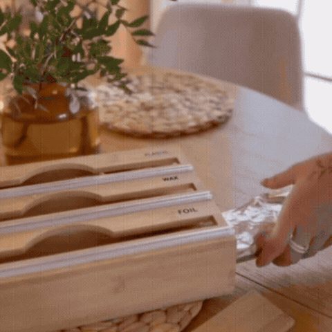 Dispenser Triplu din Bambus cu Cutter pentru Rolă Folie din Plastic