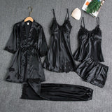 Set 5 pijamale din satin cu dantelă, Negru
