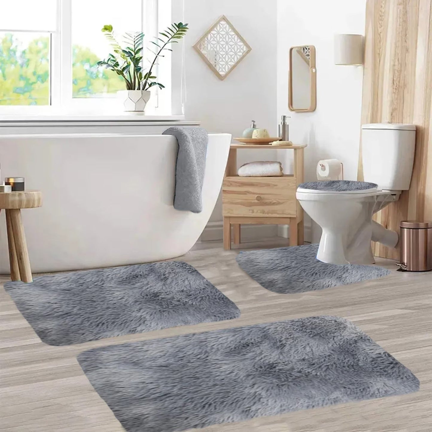 Set 4 Covorașe de Baie Antiderapante, material pufos, Gri