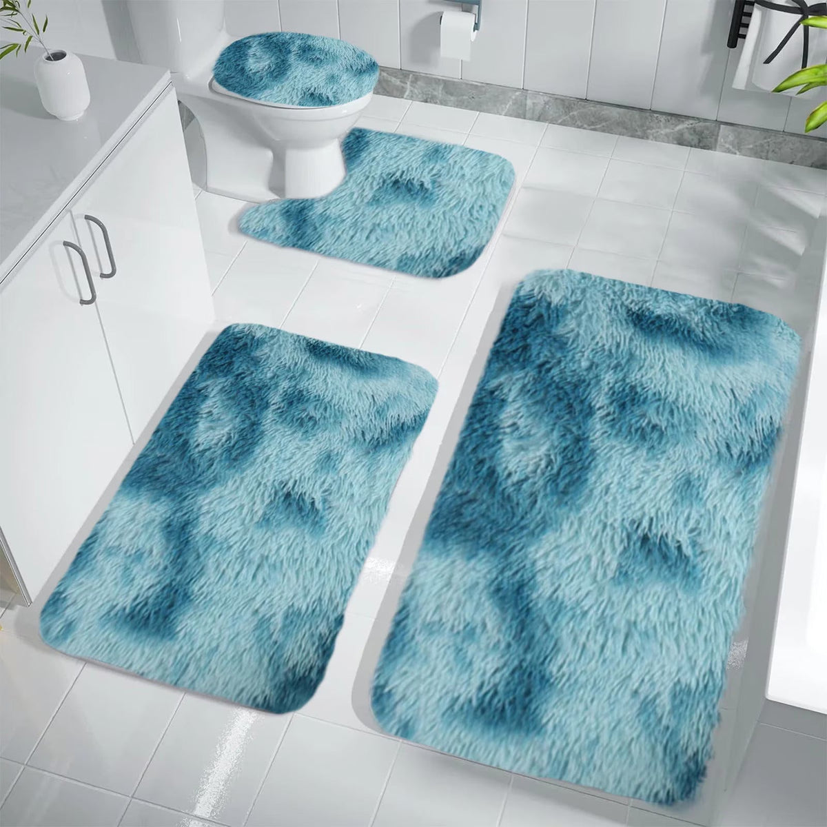 Set 4 Covorașe de Baie Antiderapante, material pufos, Turcoaz