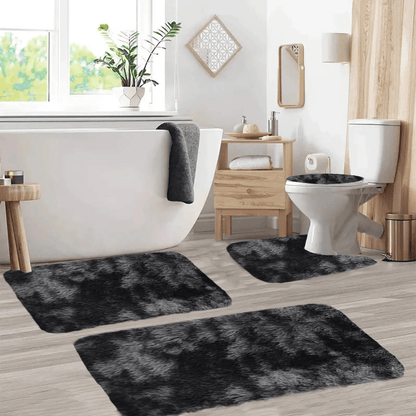 Set 4 Covorașe de Baie Antiderapante, material pufos, Negru