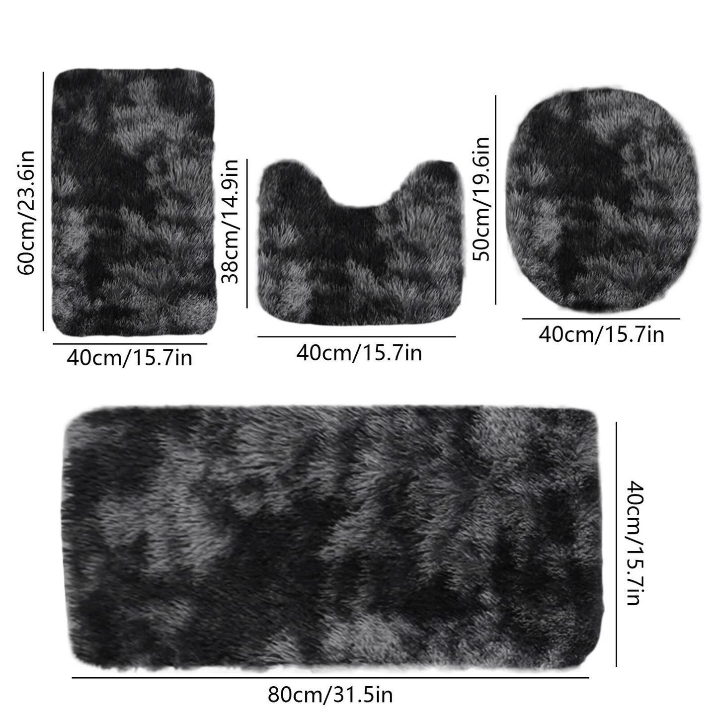Set 4 Covorașe de Baie Antiderapante, material pufos, Negru