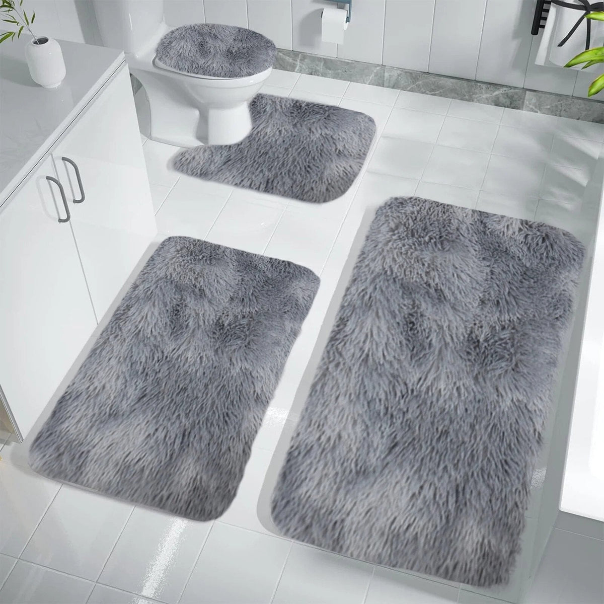 Set 4 Covorașe de Baie Antiderapante, material pufos, Gri