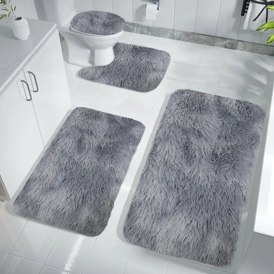 Set 4 Covorașe de Baie Antiderapante, material pufos, Gri