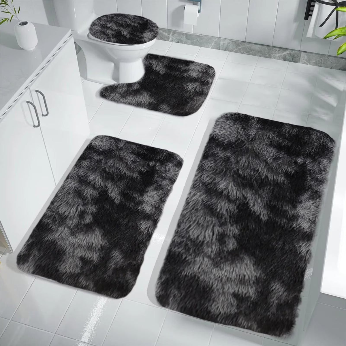 Set 4 Covorașe de Baie Antiderapante, material pufos, Negru