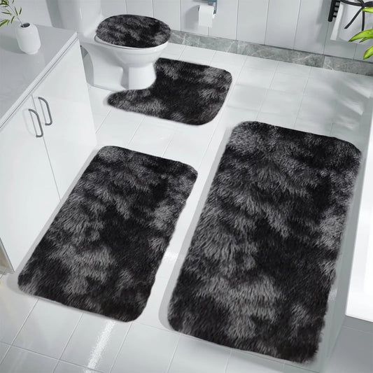 Set 4 Covorașe de Baie Antiderapante, material pufos, Negru