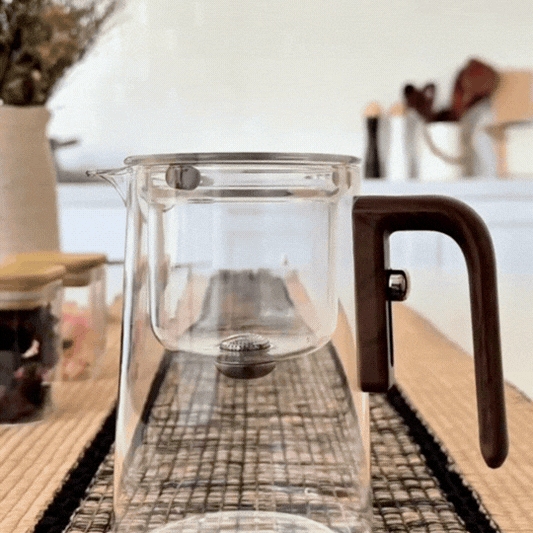 Pahar 2 în 1 — Pahar și Ceainic 600 ml din Sticlă cu Mâner de Lemn